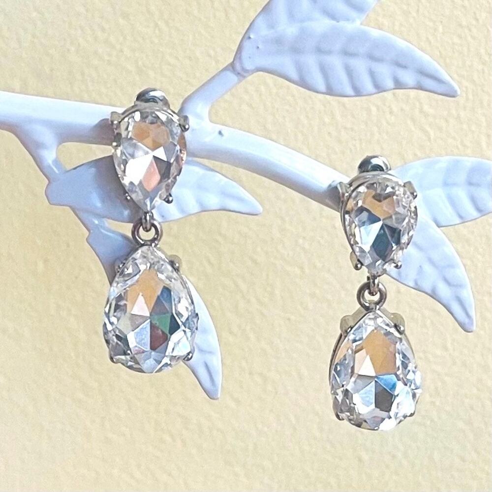 Clear Rhinestone Teardrop Pierced EARRINGS Dangle Drop Hollywood Glam Formal